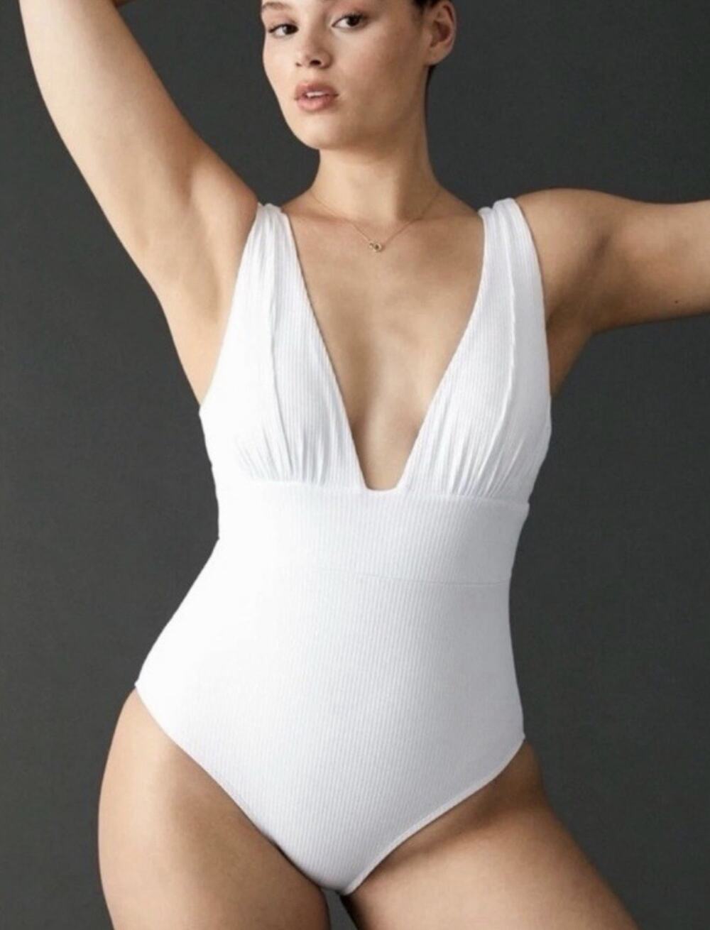 NWOT Andie Swim The Mykonos Ribbed One Piece Swimsuit •XL•White Deep V-Neck $159